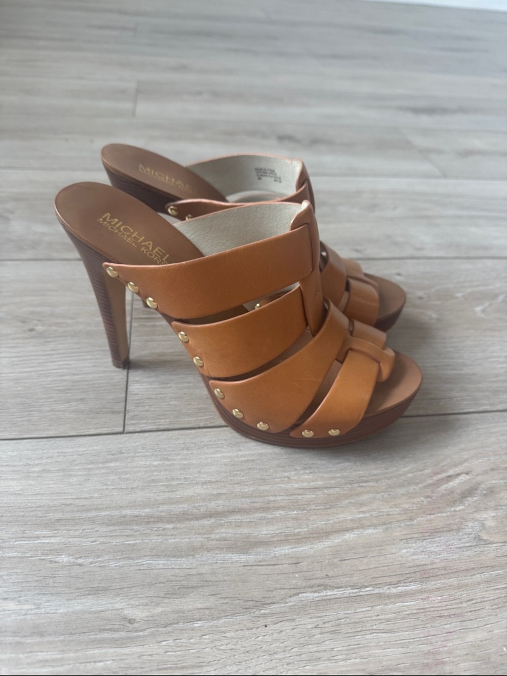Michael Kors Tan Leather Studded Platform Mule Heels